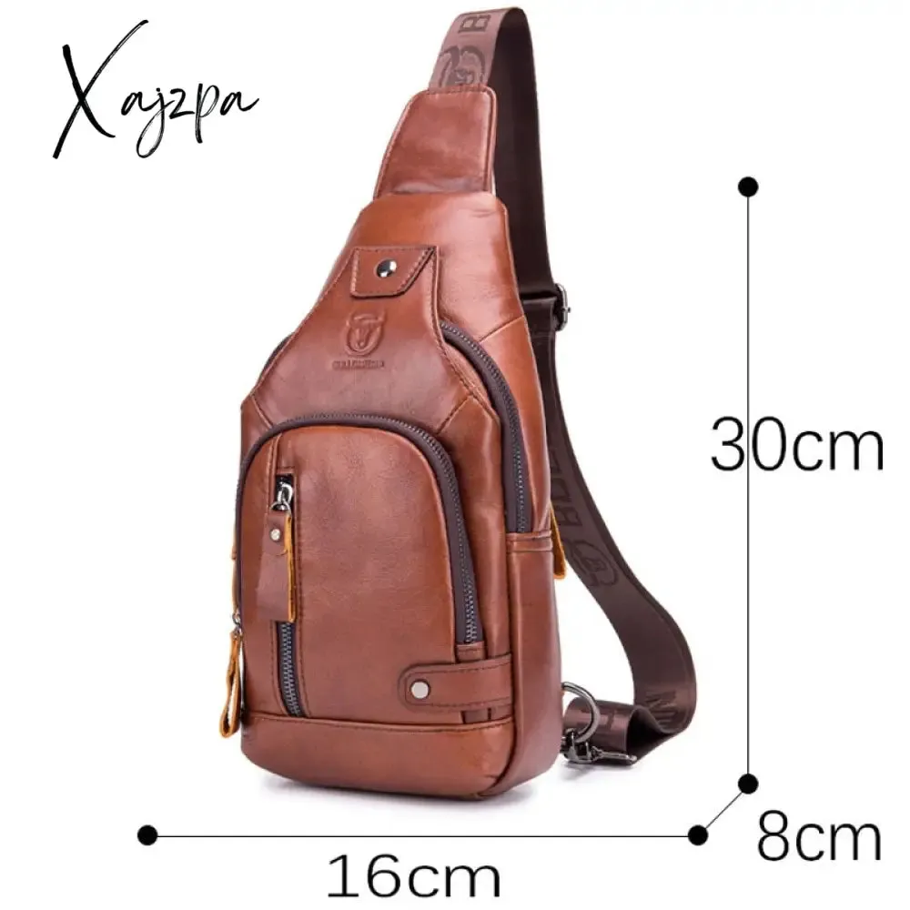 Xajzpa - Men's Retro Top Layer Cowhide Genuine Leather Shoulder Bags Pack USB Crossbody Travel Sling Messenger Pack Chest Bag for Male