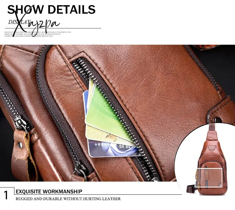 Xajzpa - Men's Retro Top Layer Cowhide Genuine Leather Shoulder Bags Pack USB Crossbody Travel Sling Messenger Pack Chest Bag for Male