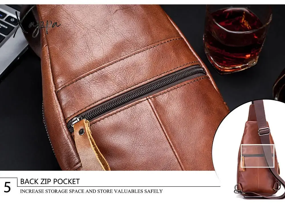 Xajzpa - Men's Retro Top Layer Cowhide Genuine Leather Shoulder Bags Pack USB Crossbody Travel Sling Messenger Pack Chest Bag for Male