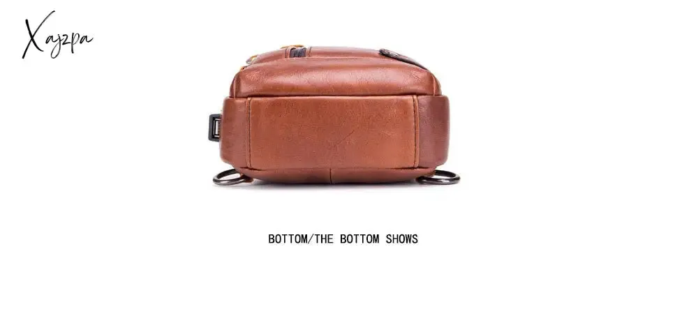 Xajzpa - Men's Retro Top Layer Cowhide Genuine Leather Shoulder Bags Pack USB Crossbody Travel Sling Messenger Pack Chest Bag for Male