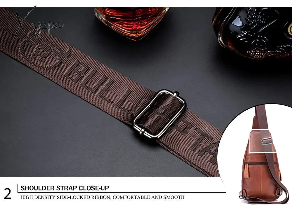 Xajzpa - Men's Retro Top Layer Cowhide Genuine Leather Shoulder Bags Pack USB Crossbody Travel Sling Messenger Pack Chest Bag for Male