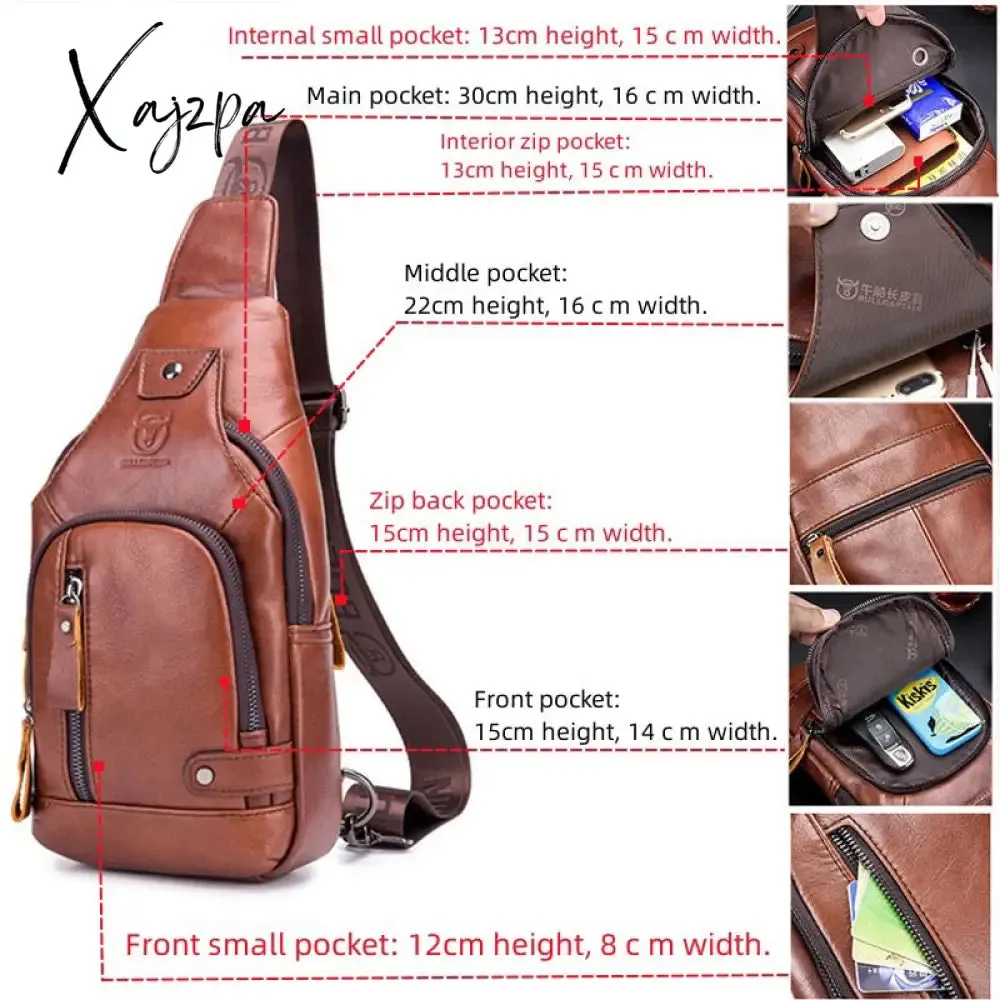 Xajzpa - Men's Retro Top Layer Cowhide Genuine Leather Shoulder Bags Pack USB Crossbody Travel Sling Messenger Pack Chest Bag for Male