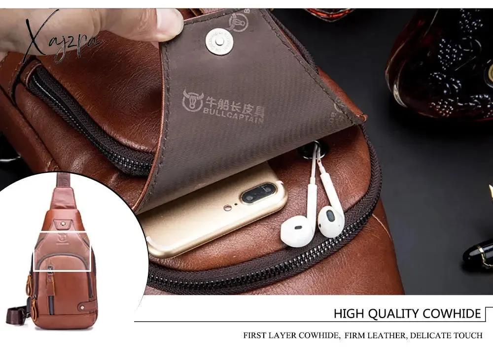 Xajzpa - Men's Retro Top Layer Cowhide Genuine Leather Shoulder Bags Pack USB Crossbody Travel Sling Messenger Pack Chest Bag for Male