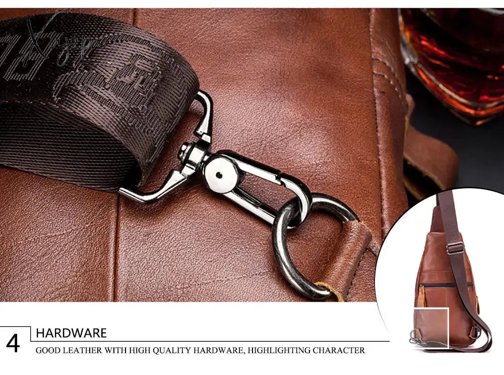 Xajzpa - Men's Retro Top Layer Cowhide Genuine Leather Shoulder Bags Pack USB Crossbody Travel Sling Messenger Pack Chest Bag for Male