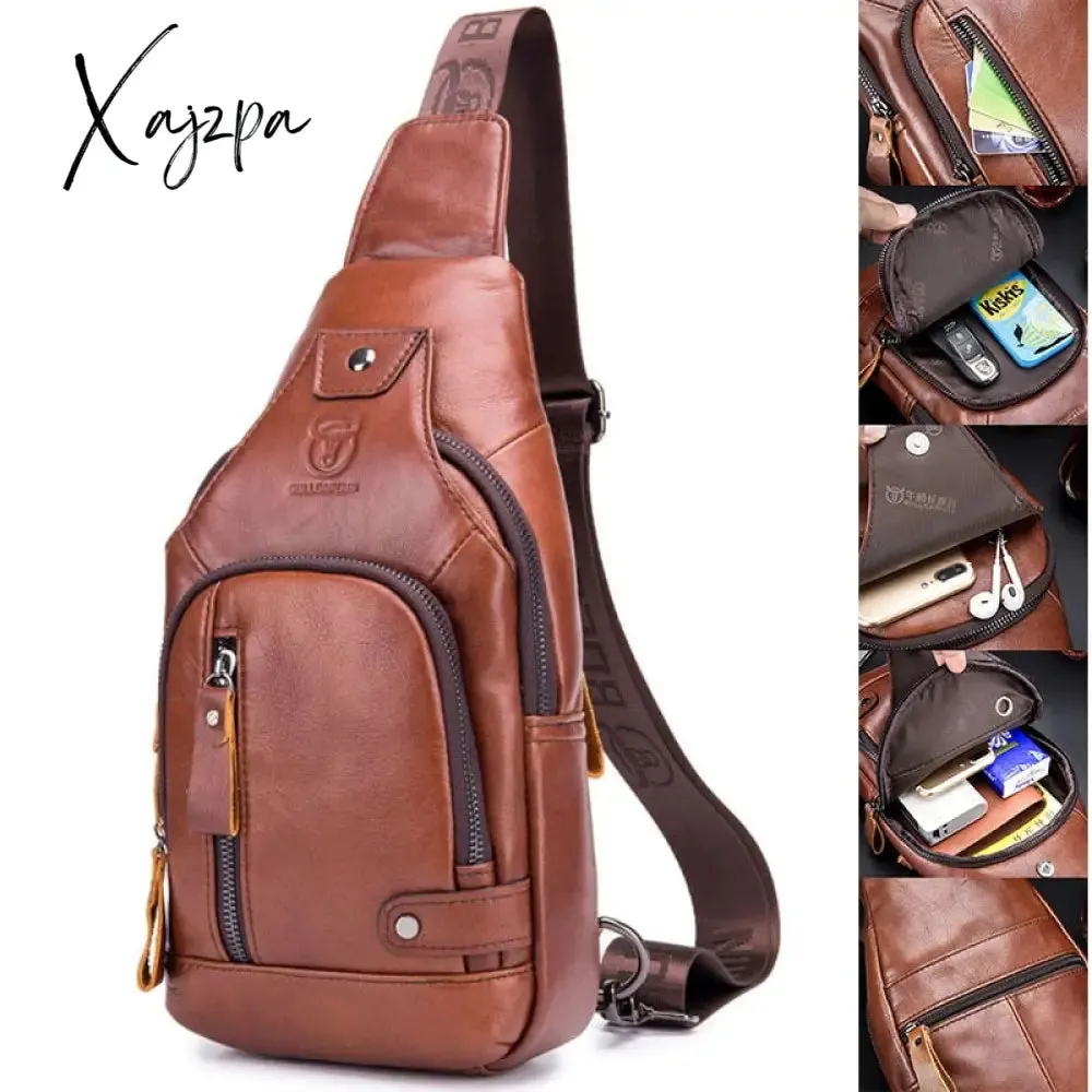Xajzpa - Men's Retro Top Layer Cowhide Genuine Leather Shoulder Bags Pack USB Crossbody Travel Sling Messenger Pack Chest Bag for Male