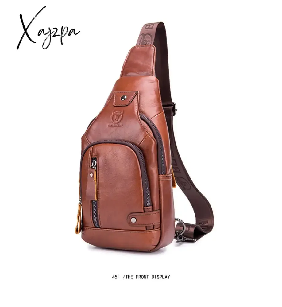 Xajzpa - Men's Retro Top Layer Cowhide Genuine Leather Shoulder Bags Pack USB Crossbody Travel Sling Messenger Pack Chest Bag for Male