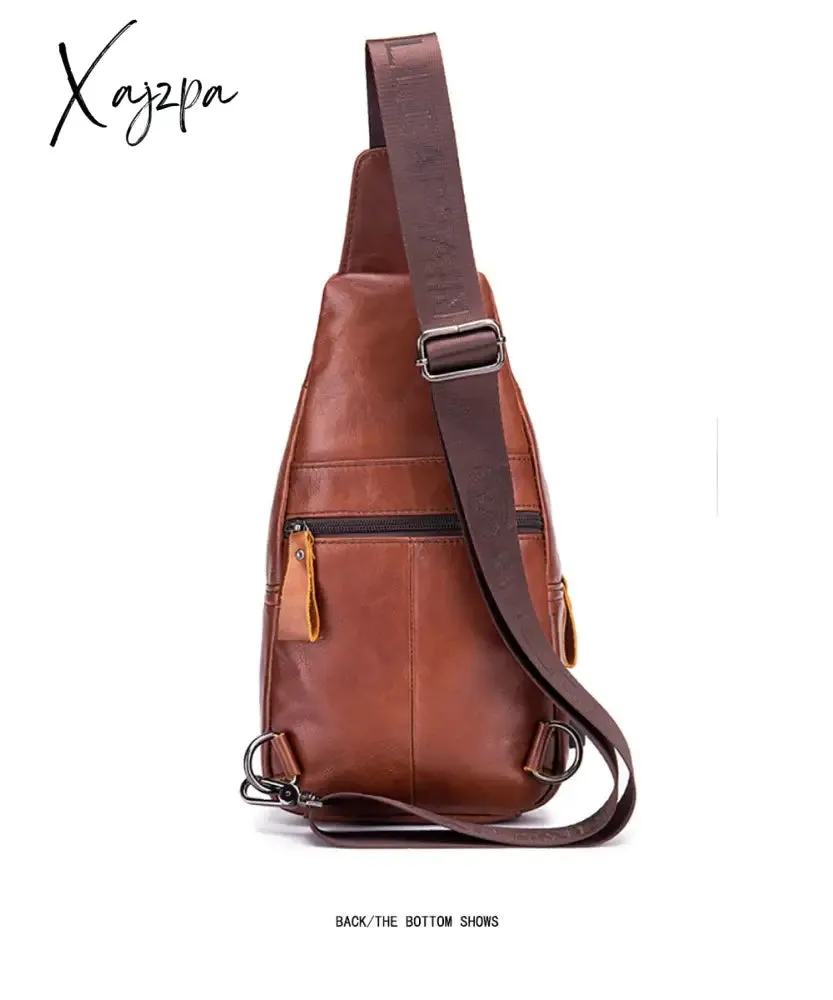 Xajzpa - Men's Retro Top Layer Cowhide Genuine Leather Shoulder Bags Pack USB Crossbody Travel Sling Messenger Pack Chest Bag for Male