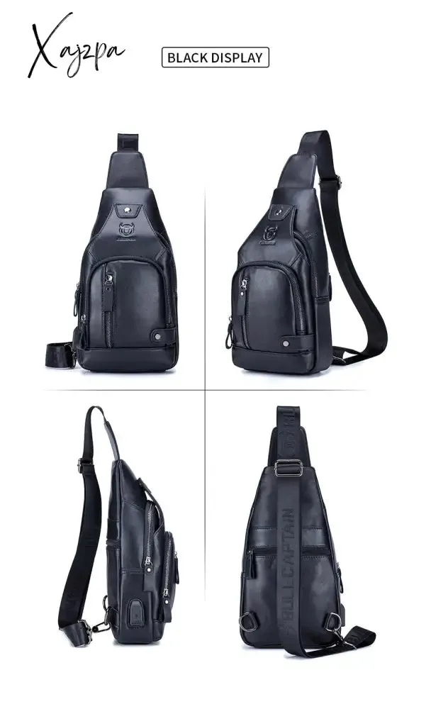 Xajzpa - Men's Retro Top Layer Cowhide Genuine Leather Shoulder Bags Pack USB Crossbody Travel Sling Messenger Pack Chest Bag for Male