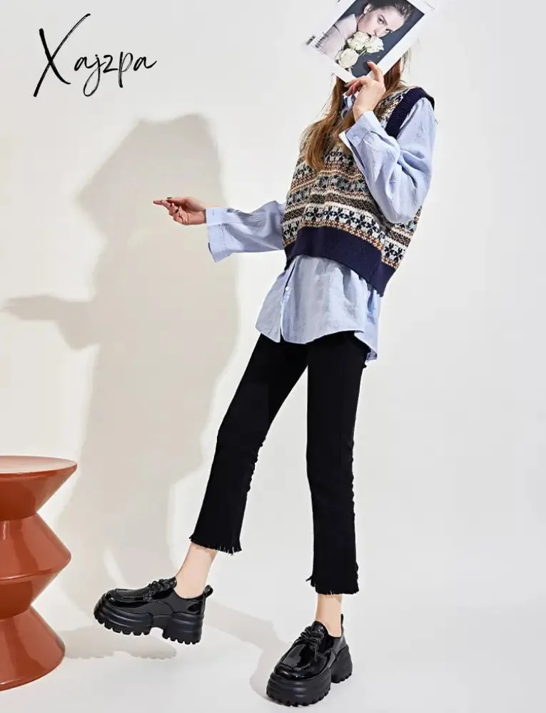 Xajzpa - Women Sneakers Fashion Genuine Leather Chunky Sneakers Casual Shoes Spring Comfortable Thick Sole Black Dad Flats Platform Shoes