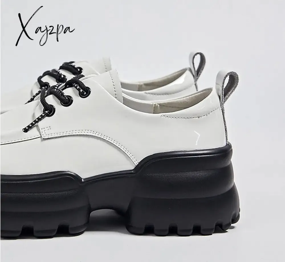 Xajzpa - Women Sneakers Fashion Genuine Leather Chunky Sneakers Casual Shoes Spring Comfortable Thick Sole Black Dad Flats Platform Shoes