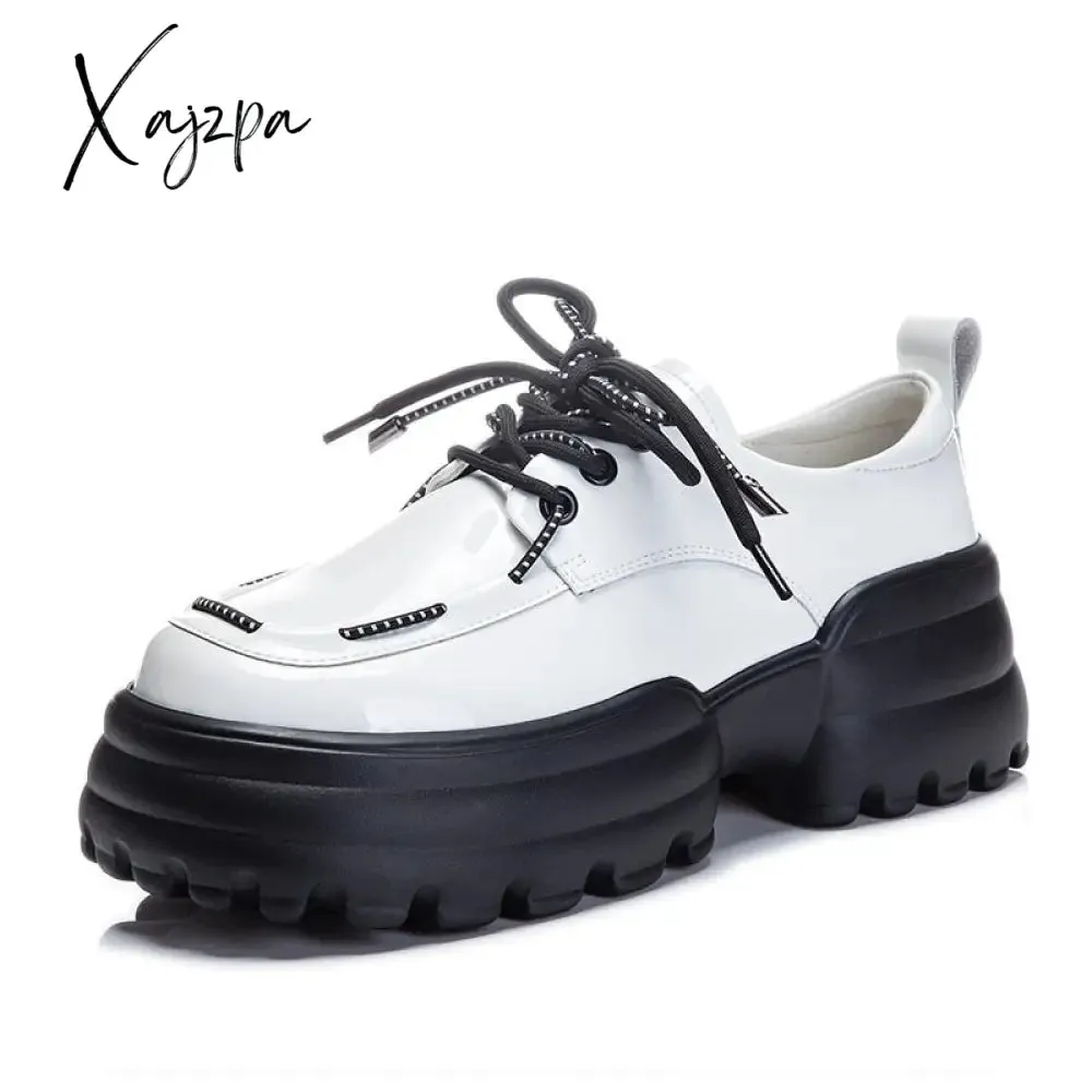 Xajzpa - Women Sneakers Fashion Genuine Leather Chunky Sneakers Casual Shoes Spring Comfortable Thick Sole Black Dad Flats Platform Shoes