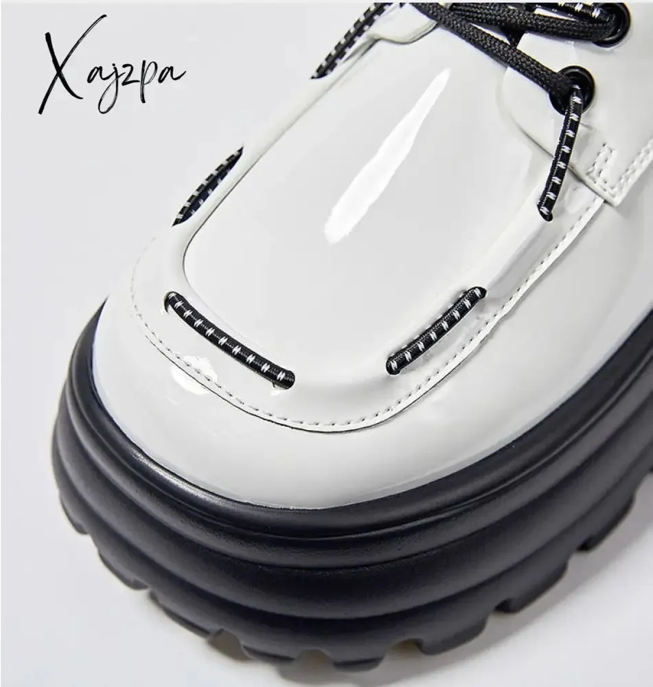 Xajzpa - Women Sneakers Fashion Genuine Leather Chunky Sneakers Casual Shoes Spring Comfortable Thick Sole Black Dad Flats Platform Shoes