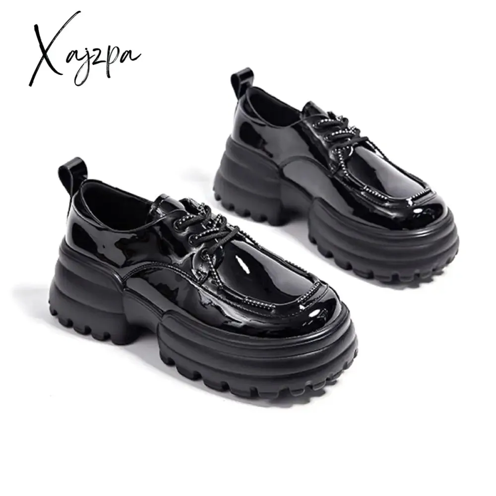 Xajzpa - Women Sneakers Fashion Genuine Leather Chunky Sneakers Casual Shoes Spring Comfortable Thick Sole Black Dad Flats Platform Shoes