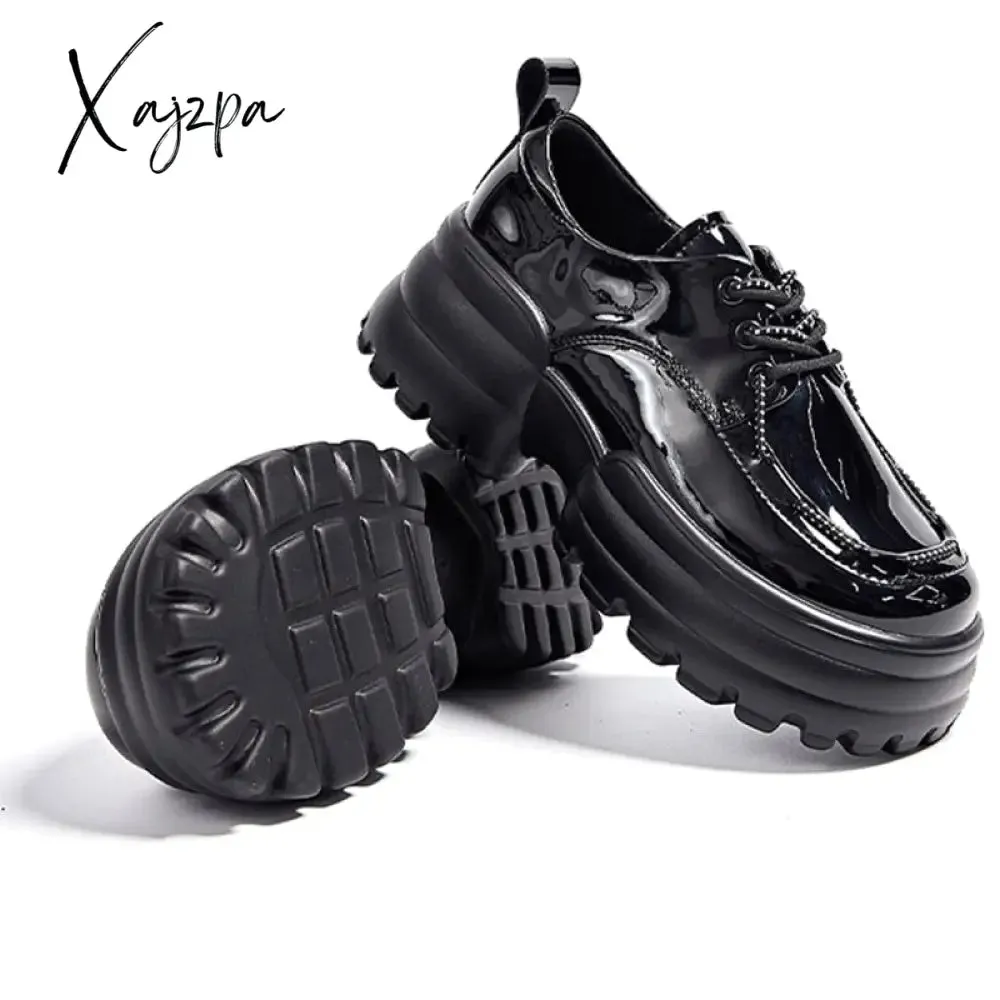 Xajzpa - Women Sneakers Fashion Genuine Leather Chunky Sneakers Casual Shoes Spring Comfortable Thick Sole Black Dad Flats Platform Shoes