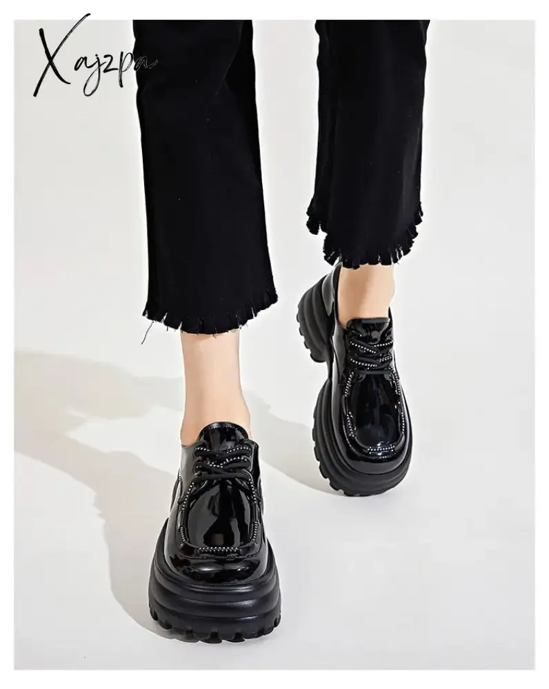 Xajzpa - Women Sneakers Fashion Genuine Leather Chunky Sneakers Casual Shoes Spring Comfortable Thick Sole Black Dad Flats Platform Shoes