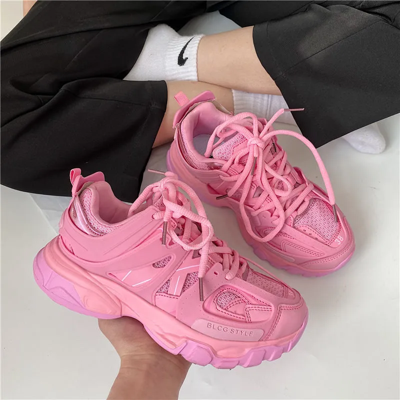 xiangtuibao Lovely Pink Chunky Sneakers Women  Thick Sole Girls Sport Shoes Bright Green Fashion Casual Dad Shoes Female Footwear