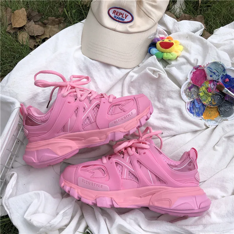 xiangtuibao Lovely Pink Chunky Sneakers Women  Thick Sole Girls Sport Shoes Bright Green Fashion Casual Dad Shoes Female Footwear